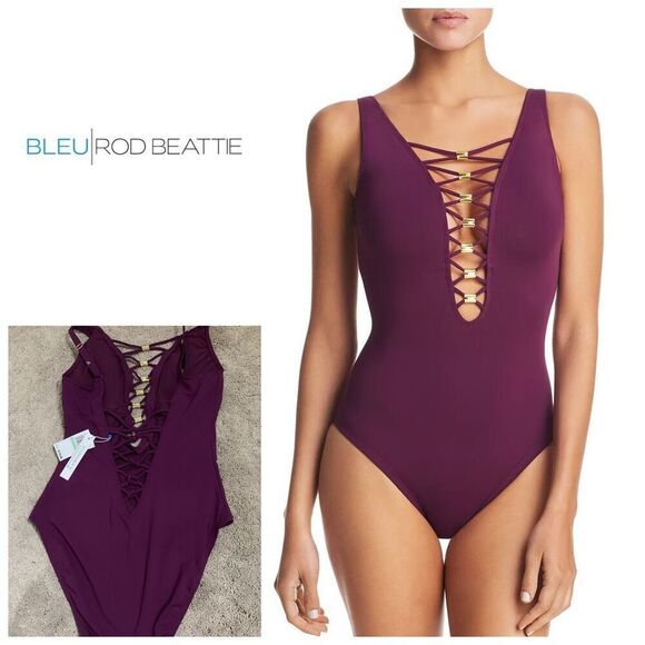 New. Bleu Rod Beattie plum lace up swimsuit. Size 8. Retails $119 - Picture 1 of 7